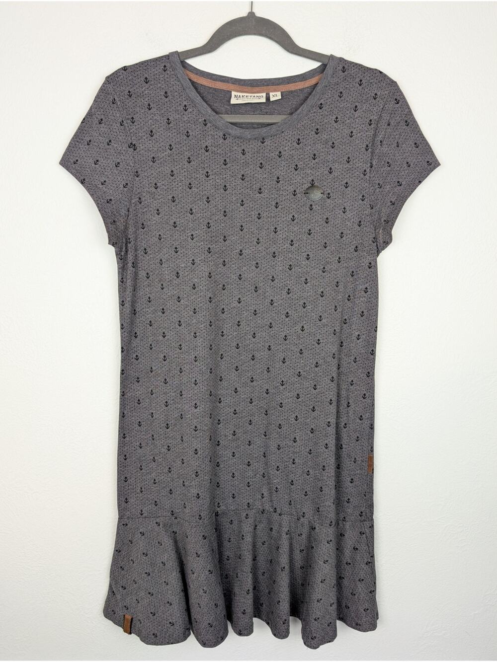 Naketano Dress Ruffle Tier Anchor Print Brave New World Outdoor Y2K Gray Size XL
